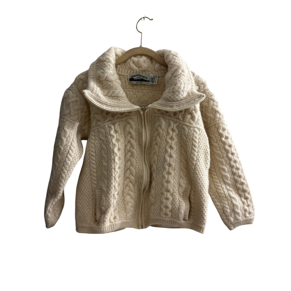 Aran Crafts Ireland Kids 100% Merino Wool Full Zip Cable Knit Cardigan Cream L